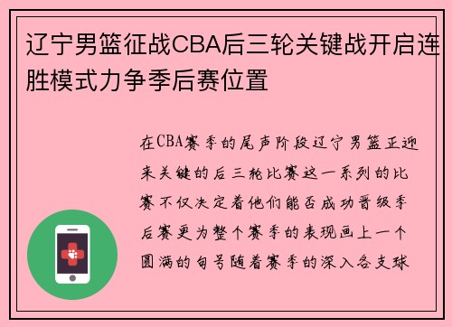辽宁男篮征战CBA后三轮关键战开启连胜模式力争季后赛位置